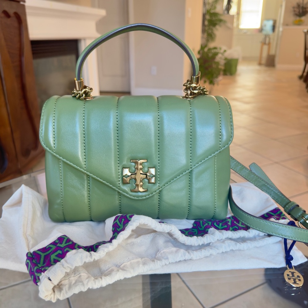 Tory Burch Green Quilted Leather Top-Handle Crossbody Bag with Gold Logo